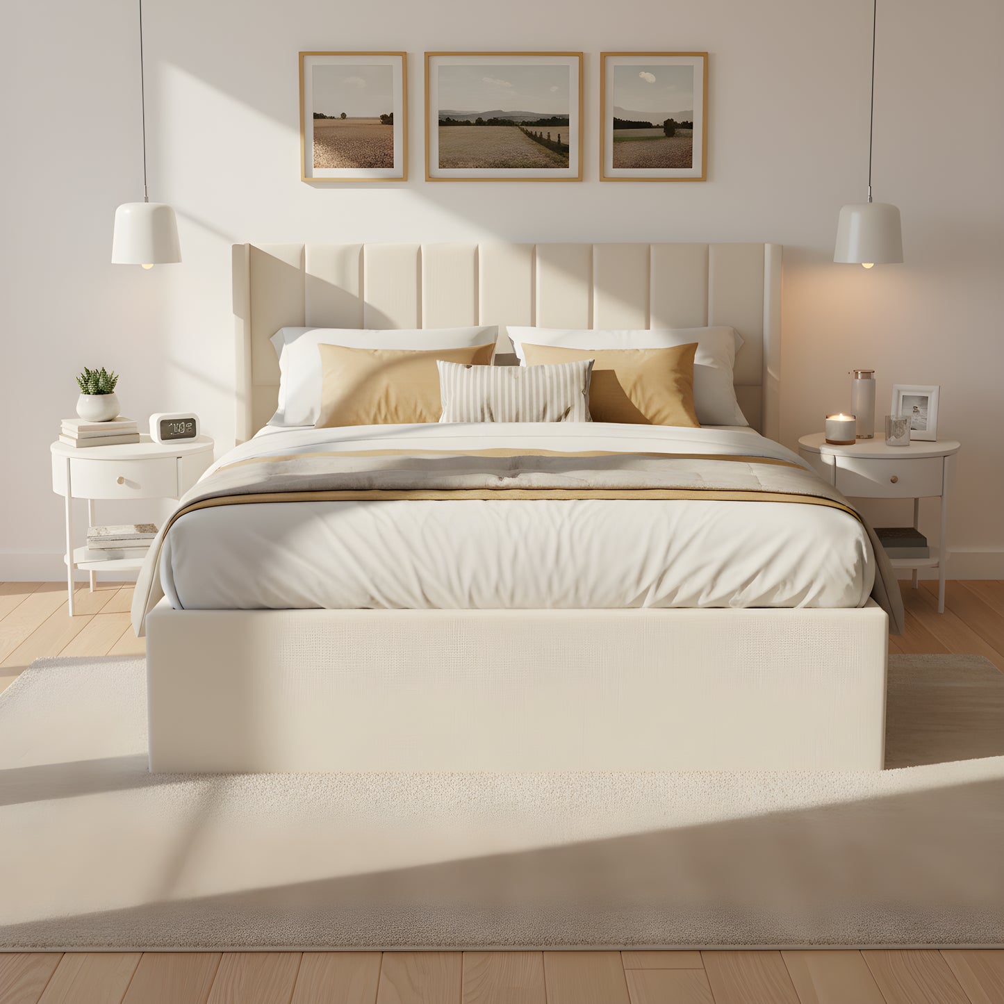 Upholstered Storage Bed with Drawers - King Size, Beige