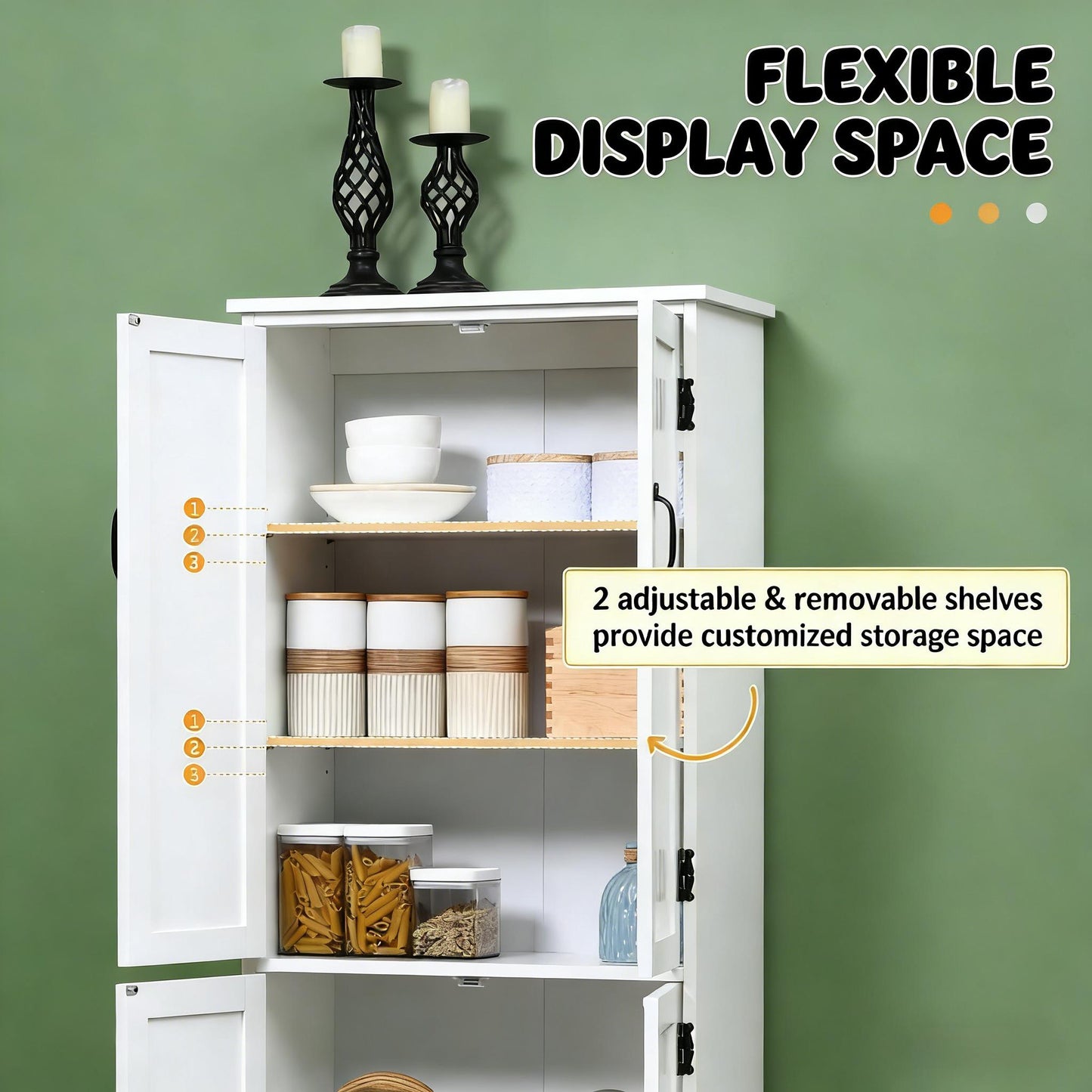 Freestanding White Kitchen Pantry Cabinet with Adjustable Shelves