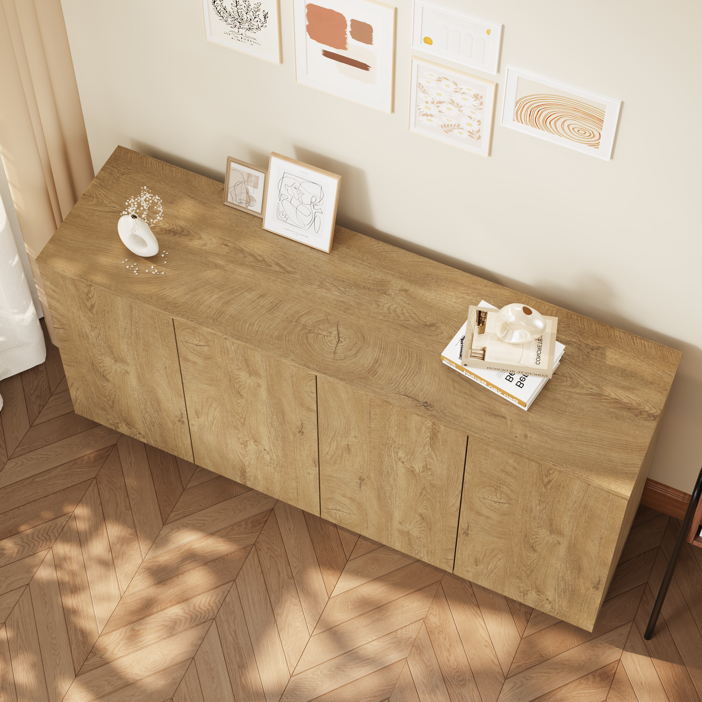 Natural Wood Sideboard Buffet Cabinet with 4 Doors & Adjustable Shelves