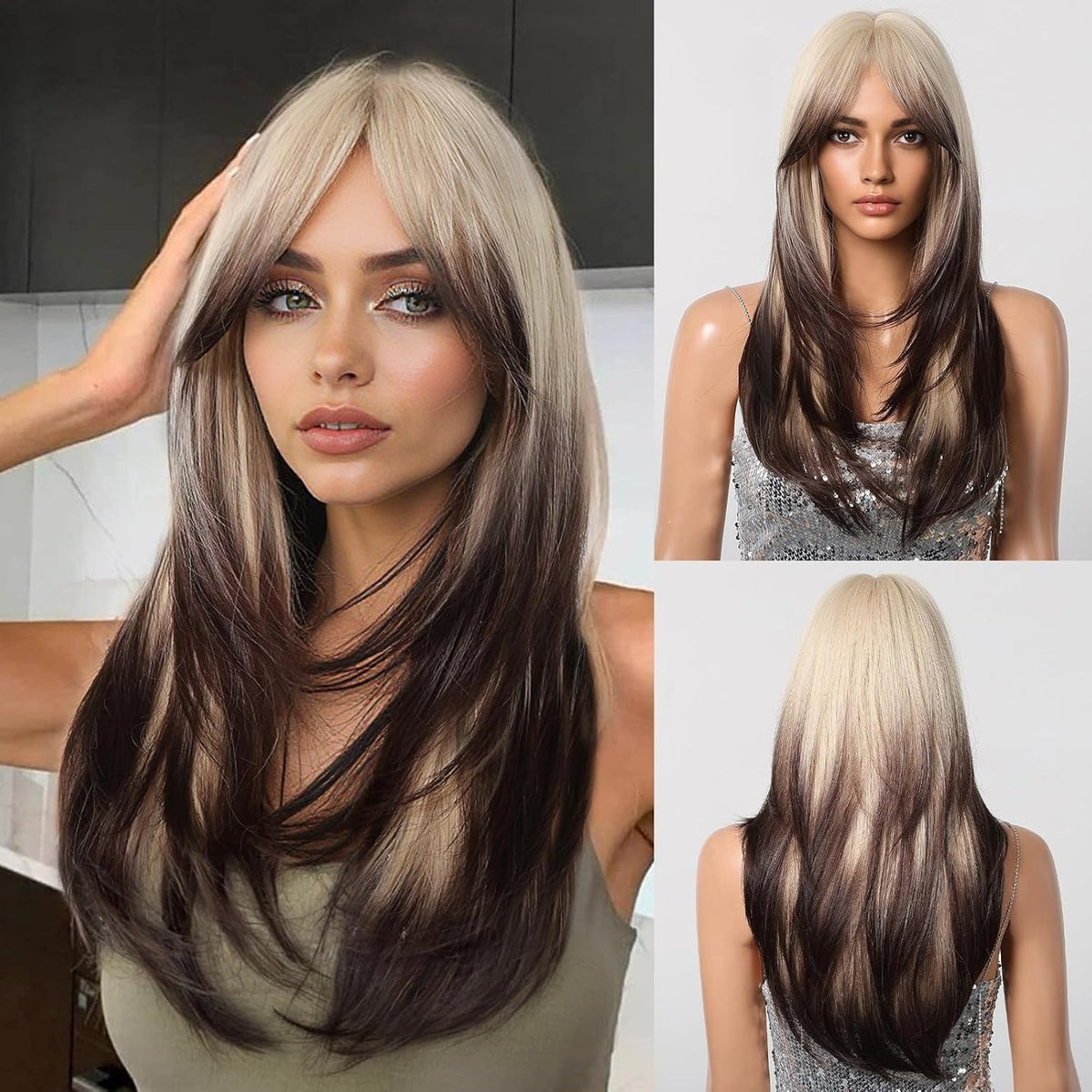 Women's Long Straight Synthetic Wig with Full Bangs