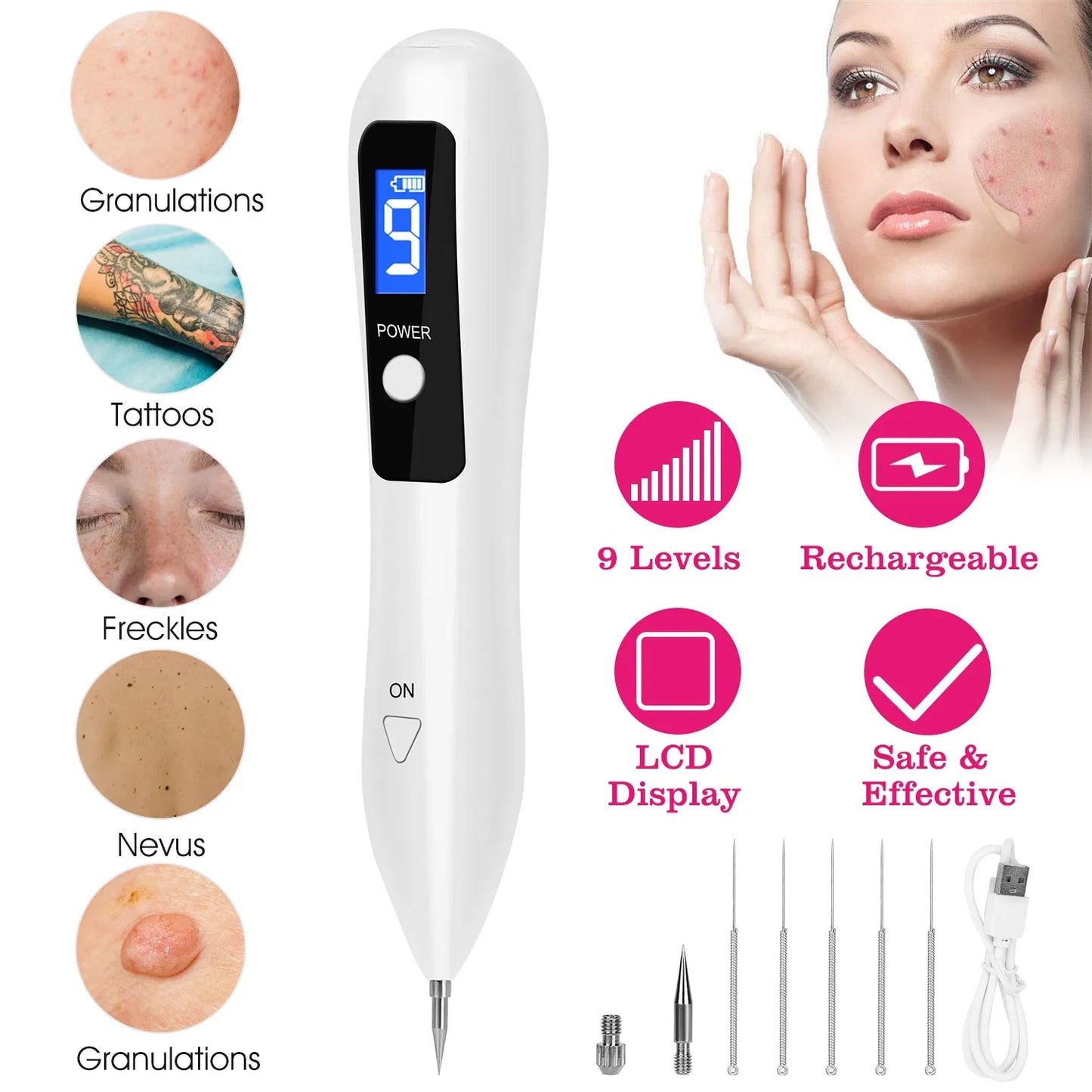 Skin Tag and Mole Removal Pen - 9 Adjustable Intensity Levels, USB Rechargeable