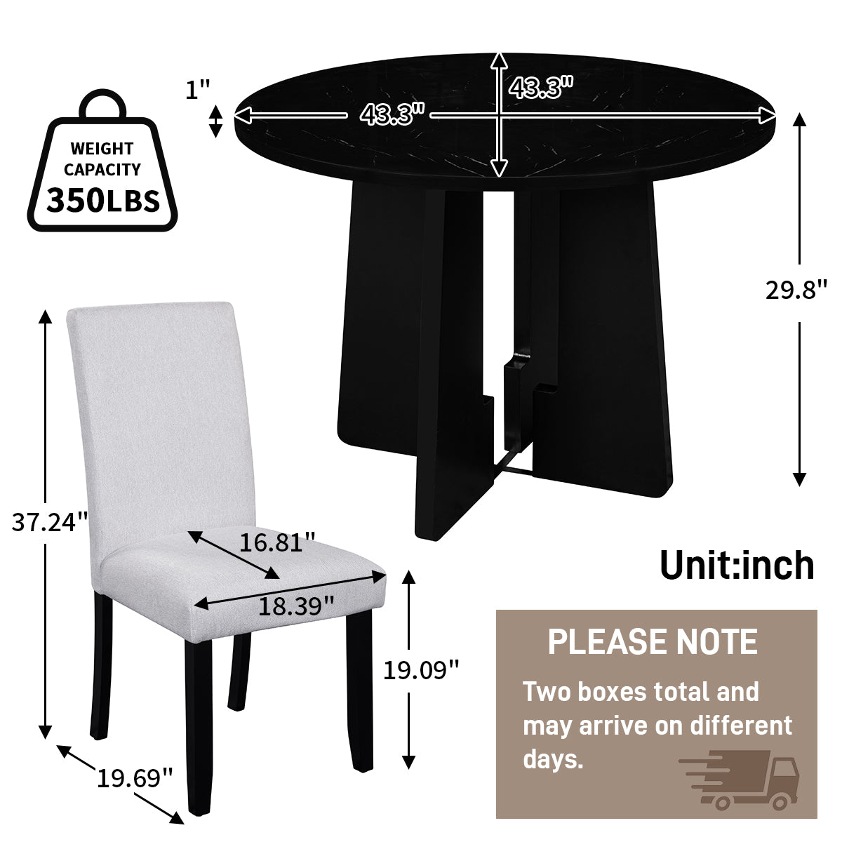 5-Piece Round Dining Table Set with 4 Upholstered Chairs - Beige & Black