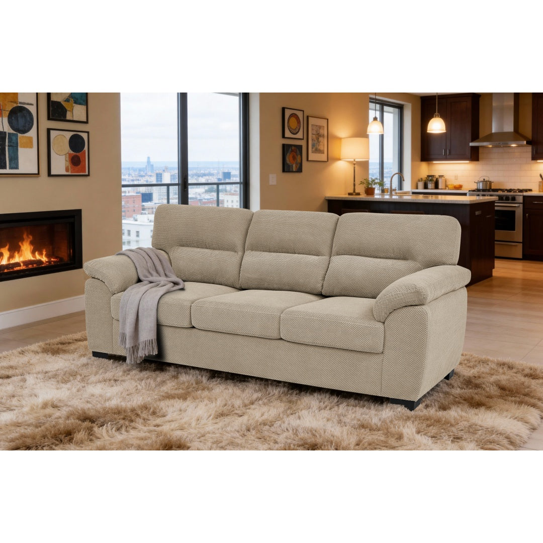 Modern 3-Seater Sofa - Upholstered Textured Fabric Couch - Camel