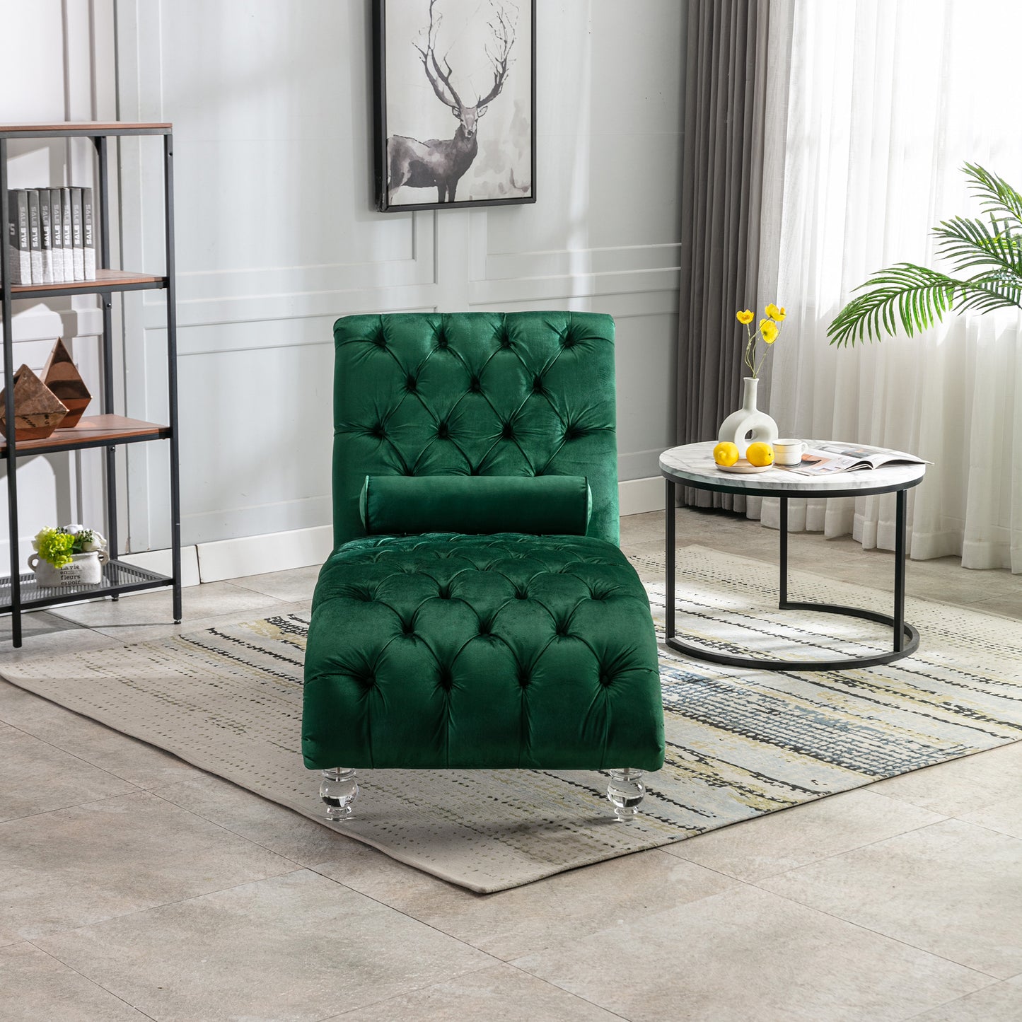 Emerald Velvet Chaise Lounge Chair - Button-Tufted with Pillow