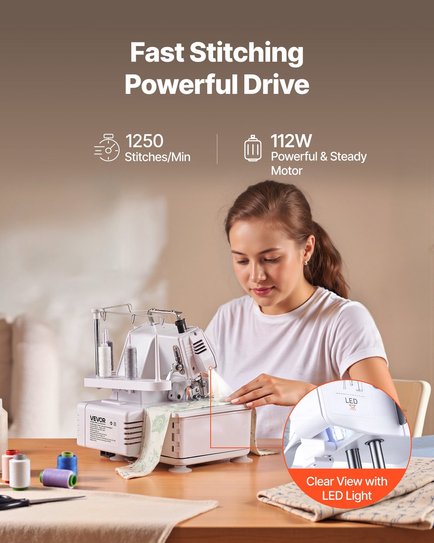 Serger Overlock Sewing Machine 1250 SPM 3/4 Thread Capability LED Light Heavy-Duty Metal Frame