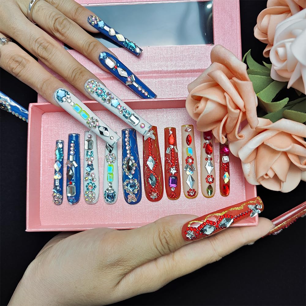 Long Handmade Press-On Nails with Butterfly & Rhinestones - Size M