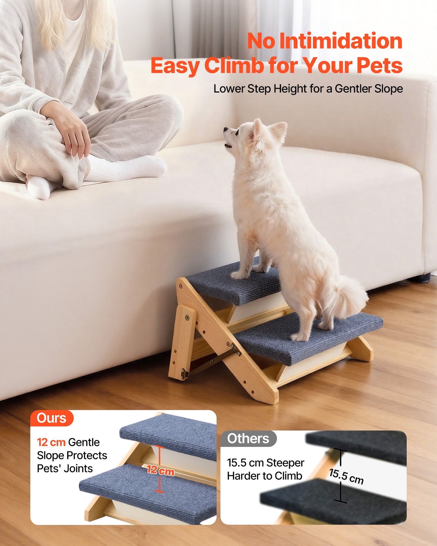 Wood Dog Steps for Bed Sofa Car - 2-Step Pet Ladder, 110lb Capacity, Foldable & Stable