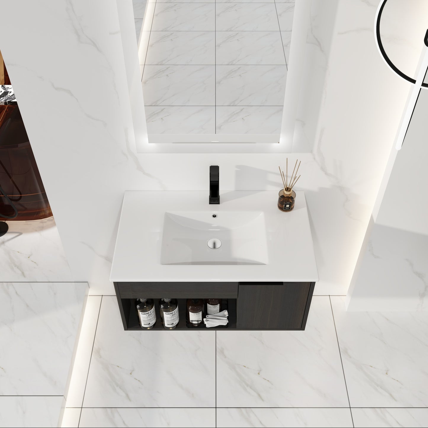 30-Inch Wall-Mounted Bathroom Vanity with Ceramic Sink - Dark Oak
