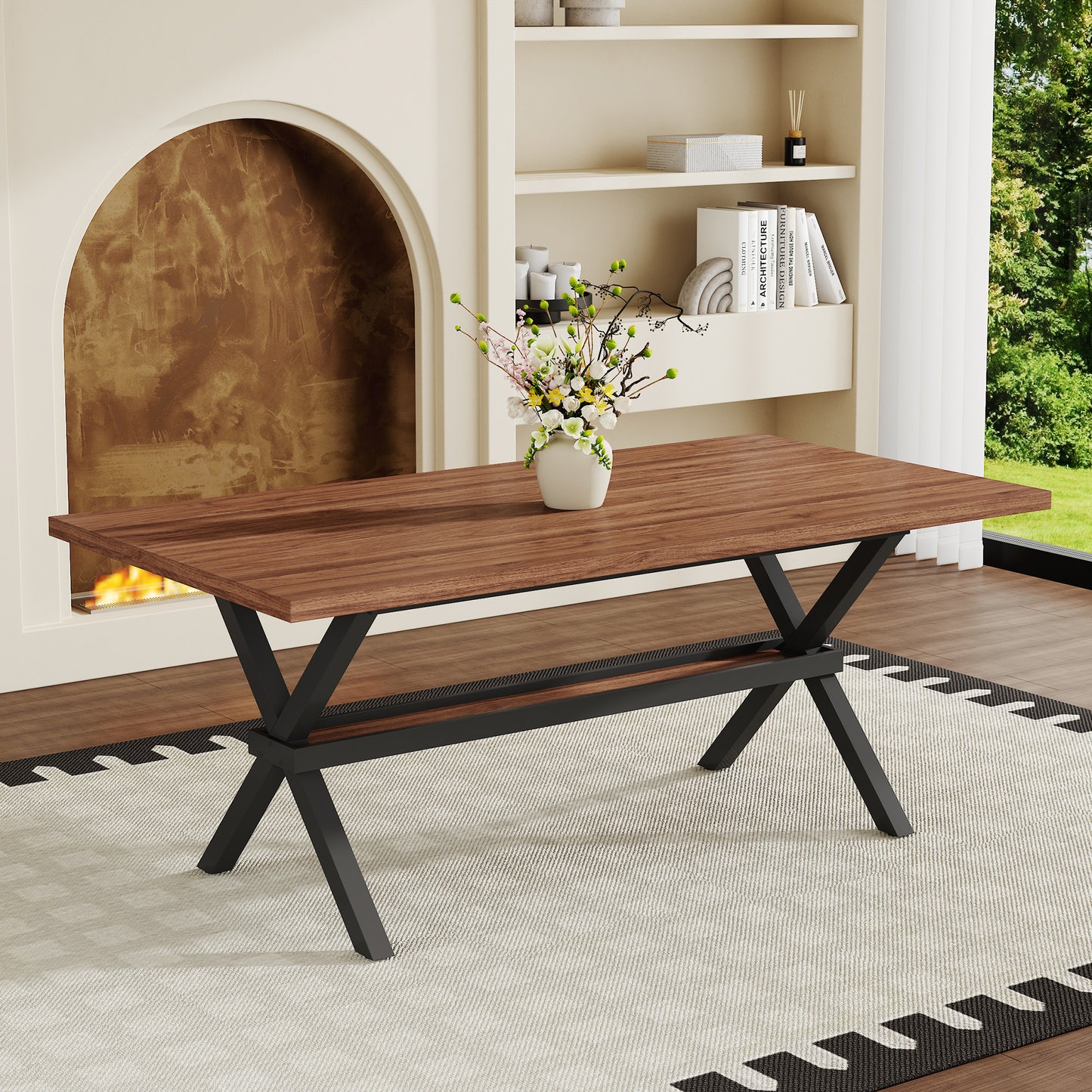 71 X35.4 Inch Walnut MDF Splicing Desktop With X-shaped Metal Frame