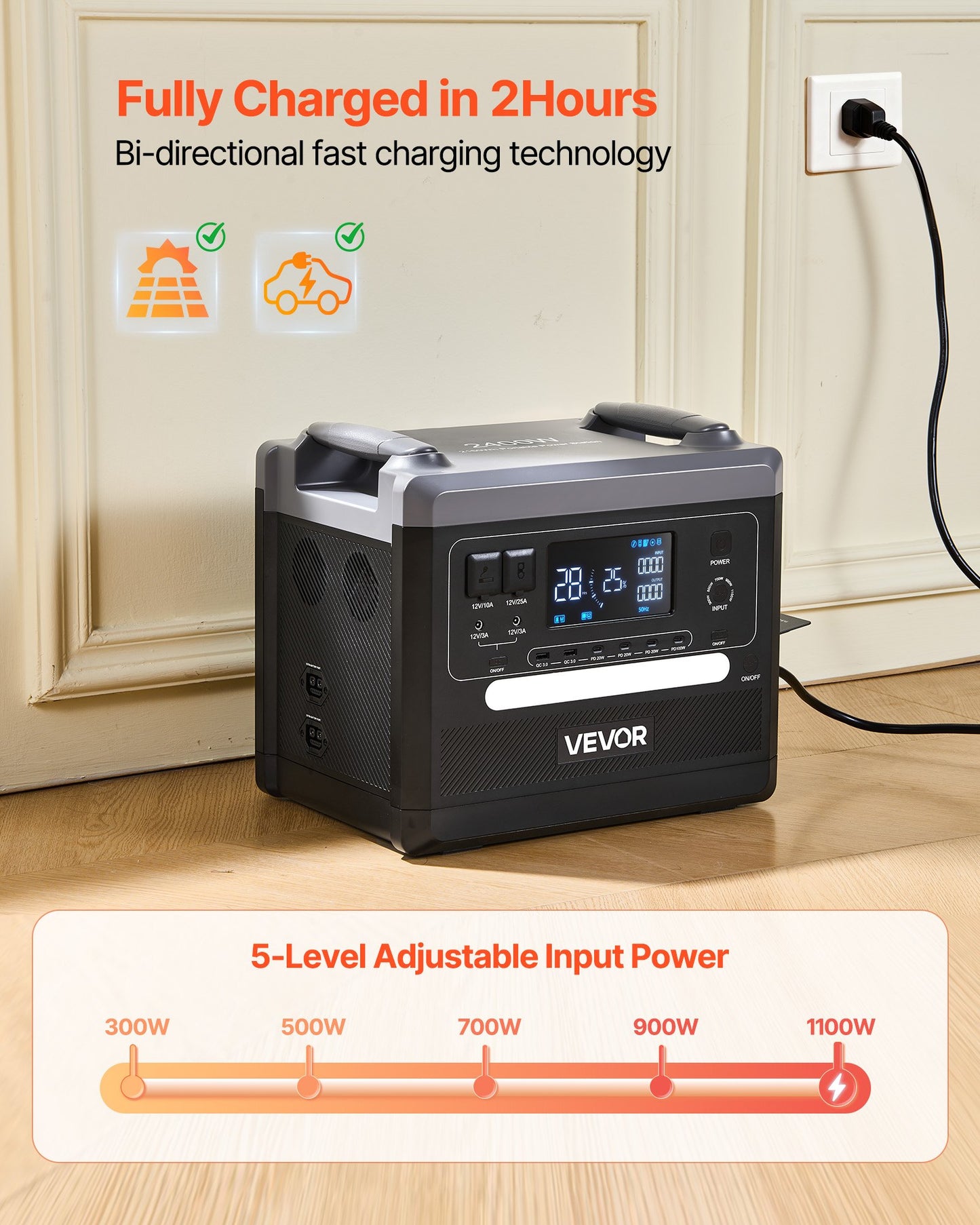 Portable Power Station 2400W 2160Wh Solar Generator with 10 Output Ports - Black