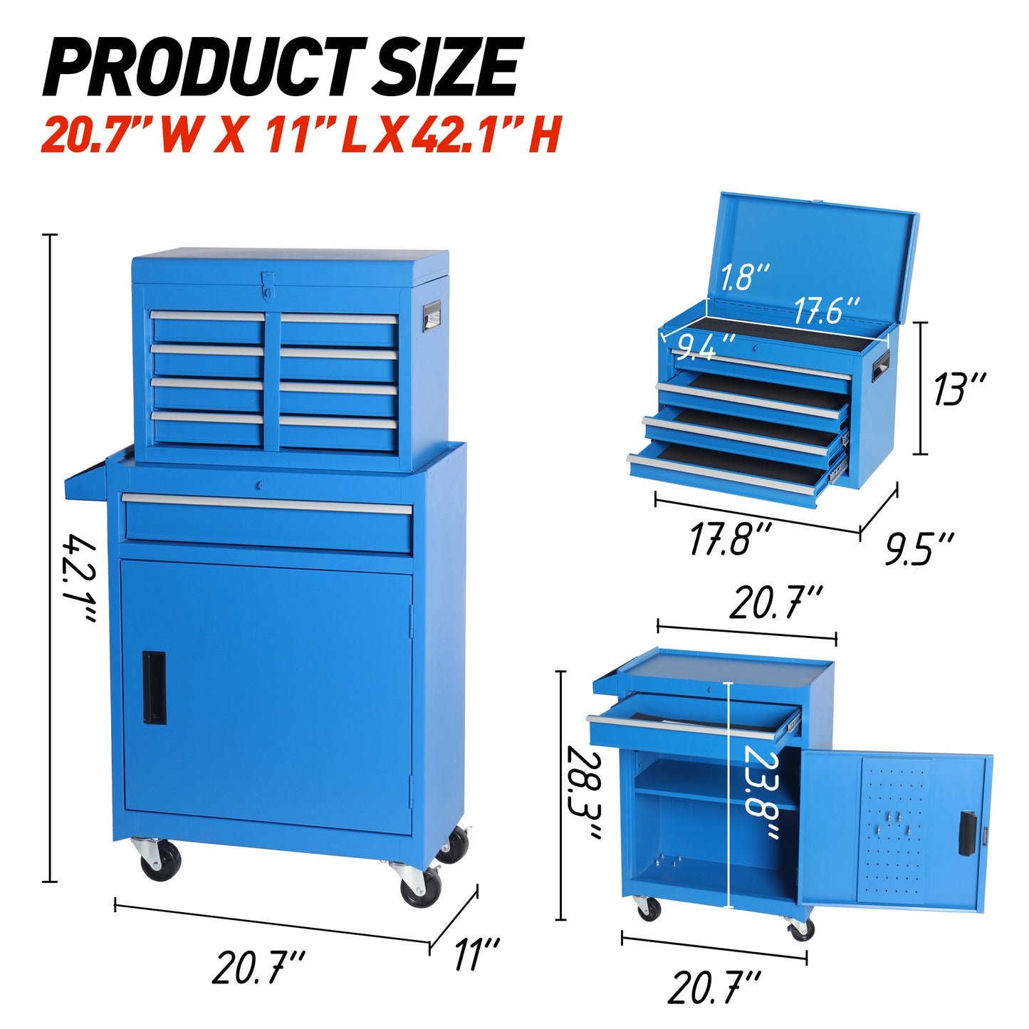 Rolling Tool Storage Cabinet with Lockable Wheels and Detachable Top - Blue