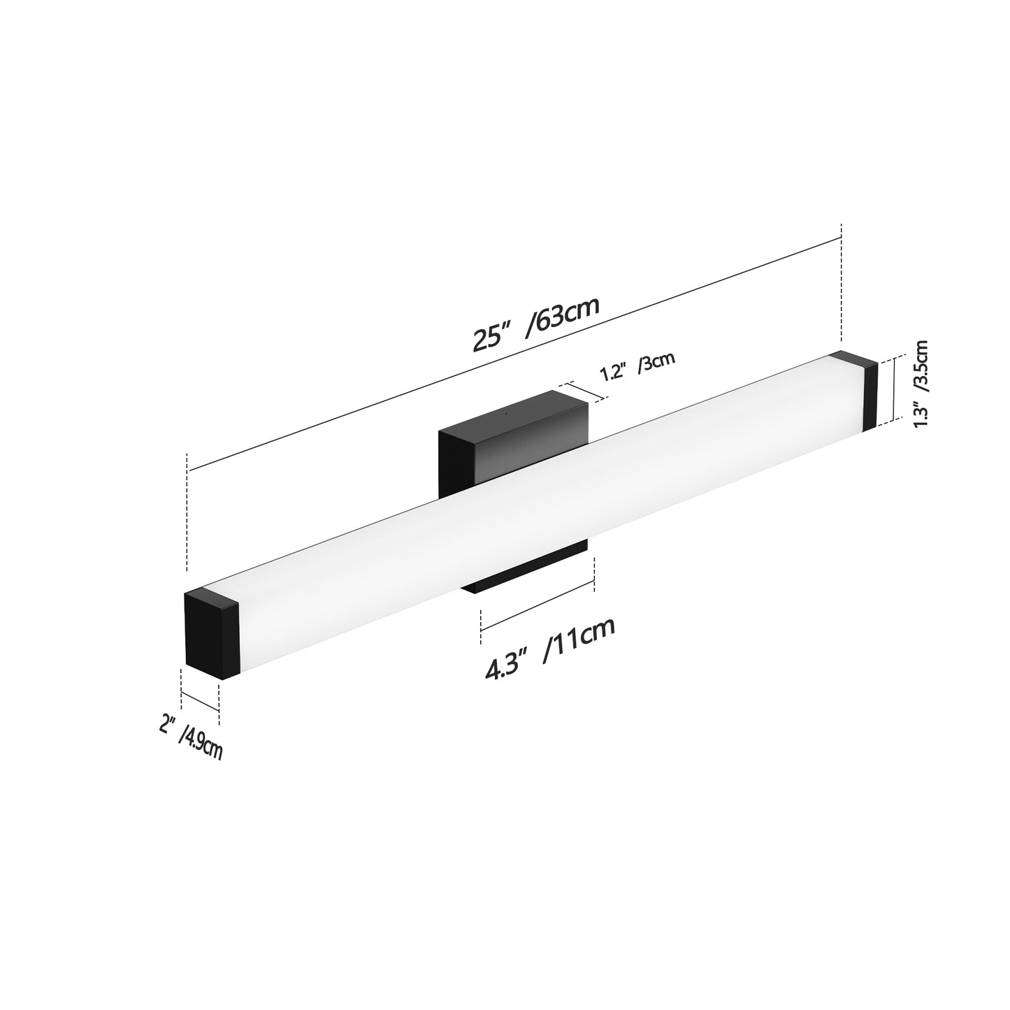 Black Bathroom Vanity Light 25 Inch Modern LED Wall Lamp Over Mirror 14W Cool White