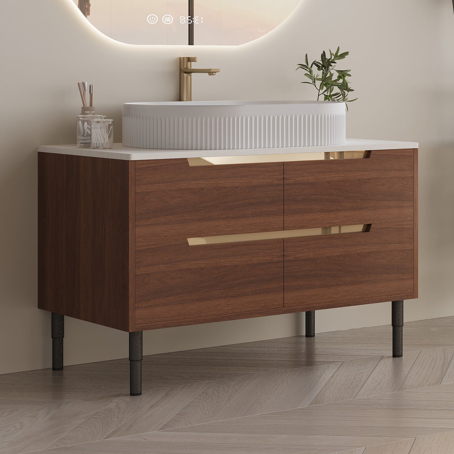 36 Inch Bathroom Vanity with Ceramic Sink & Soft-Close Drawers - Walnut/White