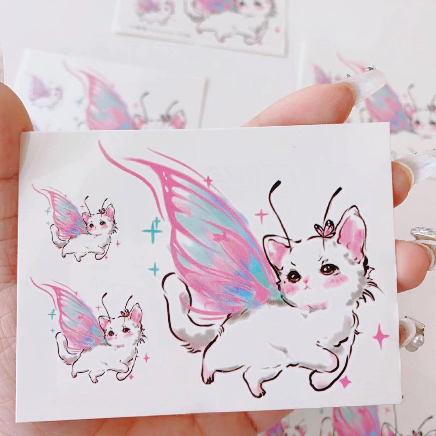 Cat Tattoo Sticker Angel Cat Pattern 11x7.8cm Body Art Decal for Skin