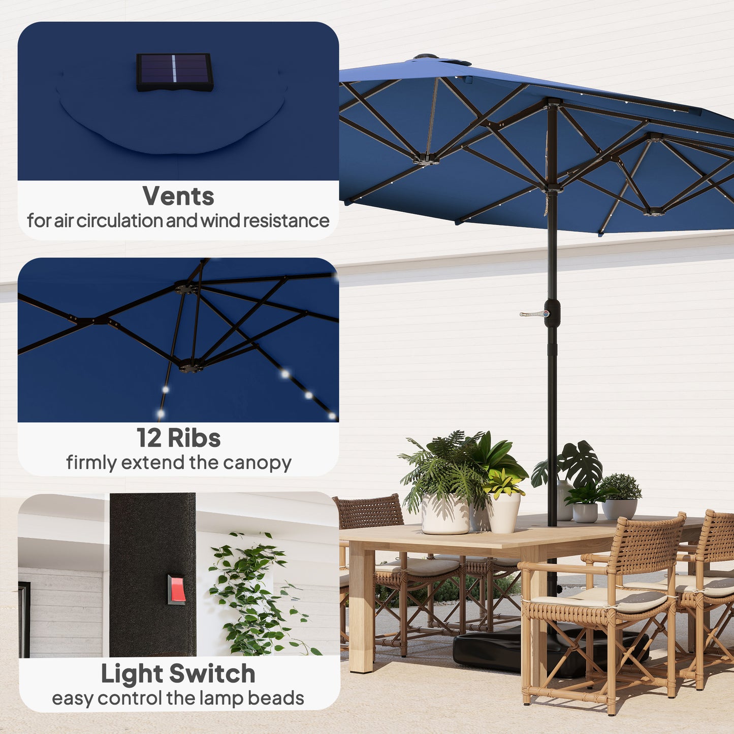14.4ft Double-Sided Garden Parasol with Solar LED Lights - Navy Blue