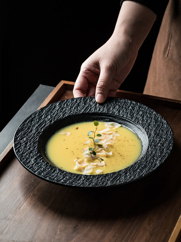 Ceramic Soup Plate Set - Stone Pattern Round Dinnerware for Kitchen & Dining