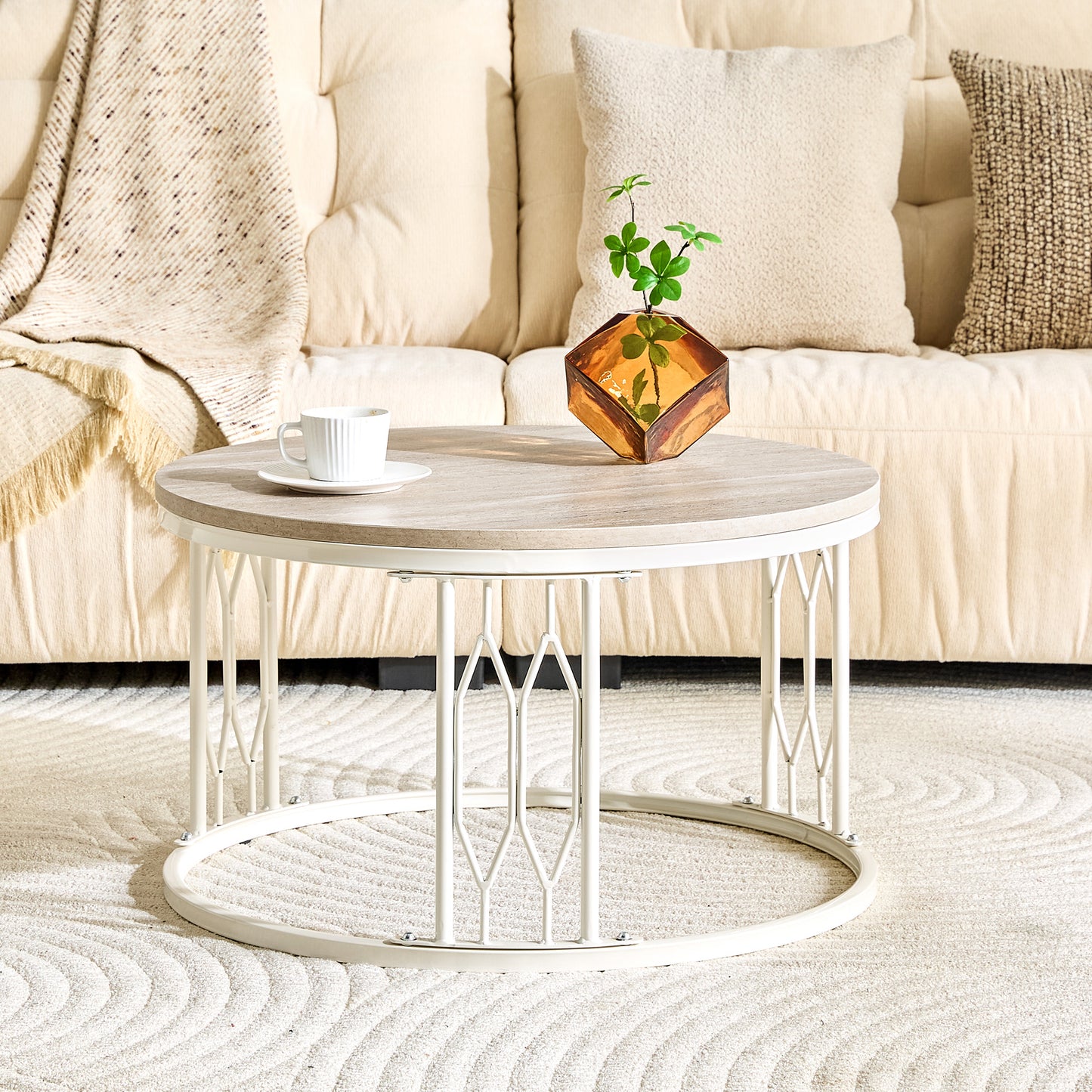 Round MDF Coffee Table with Stone-Effect Texture - 27.5"