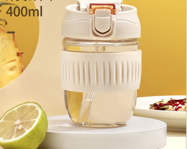 Portable Glass Cup with Straws - Dual-Use Drinking Bottle, 400ml