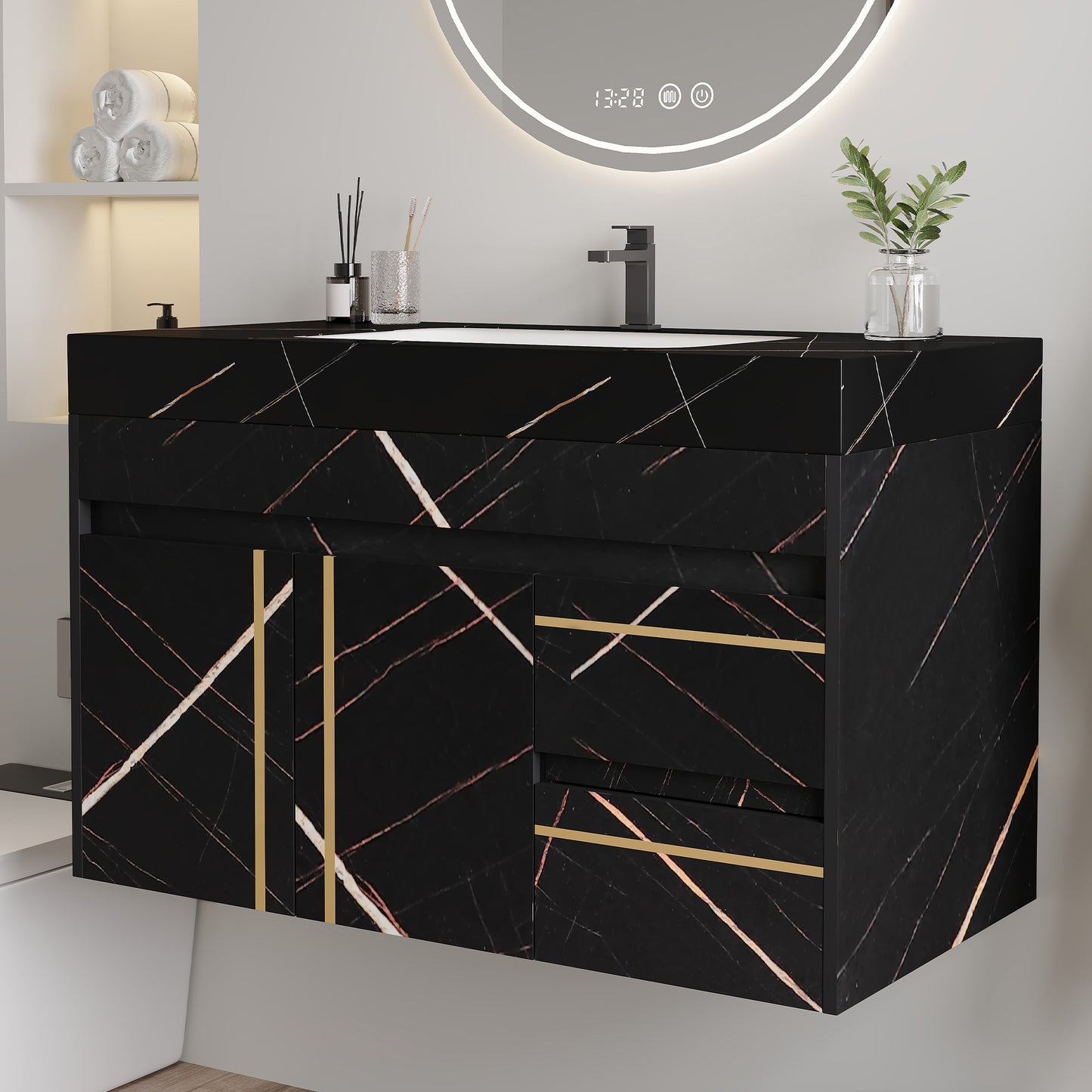 35.2" Floating Bathroom Vanity with Sink & Faux Marble Top - White/Black