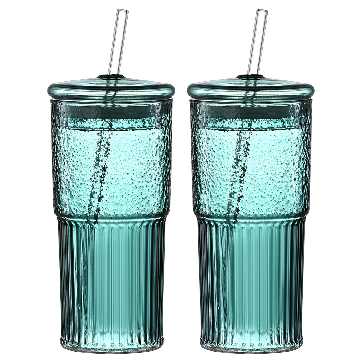 20 Oz Green Glass Straw Cups - Set of 2 with Lids