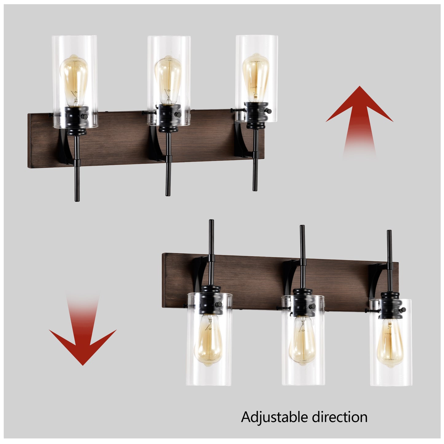 3-Light Matte Black Wood Bathroom Vanity Light with Glass Shades