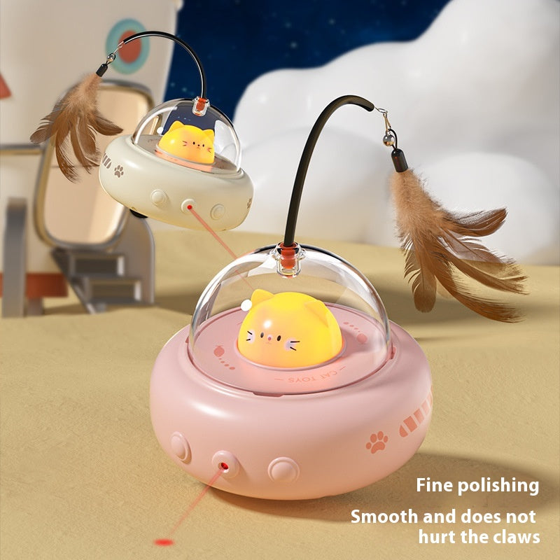 Electric UFO Cat Teaser Toy with Bell & Replaceable Feathers, USB Rechargeable Pet Chase Toy