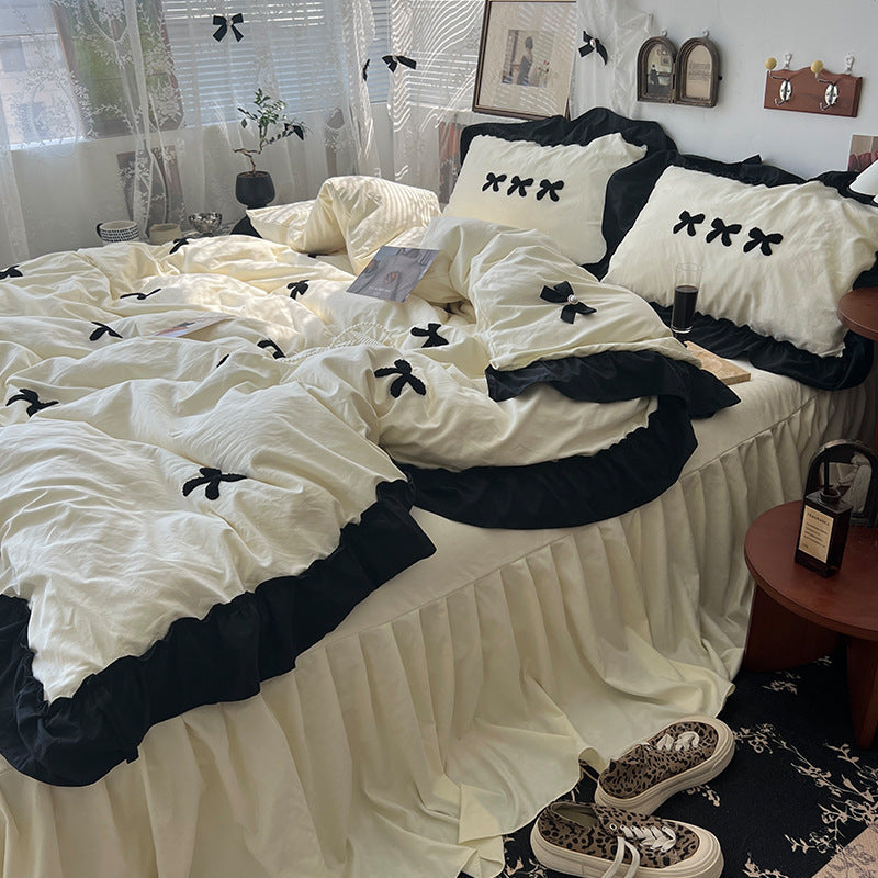 Cream Ins Girl Bow Lace Cotton Bedding Set - Multiple Sizes & Patterns