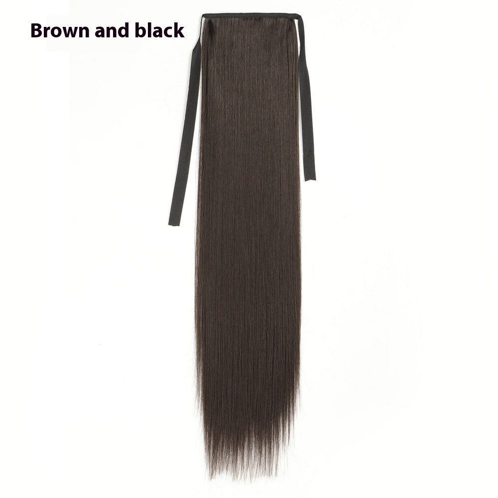 Long Straight Human Hair Wigs with Lace-Up Ponytail - Natural Black & Brown