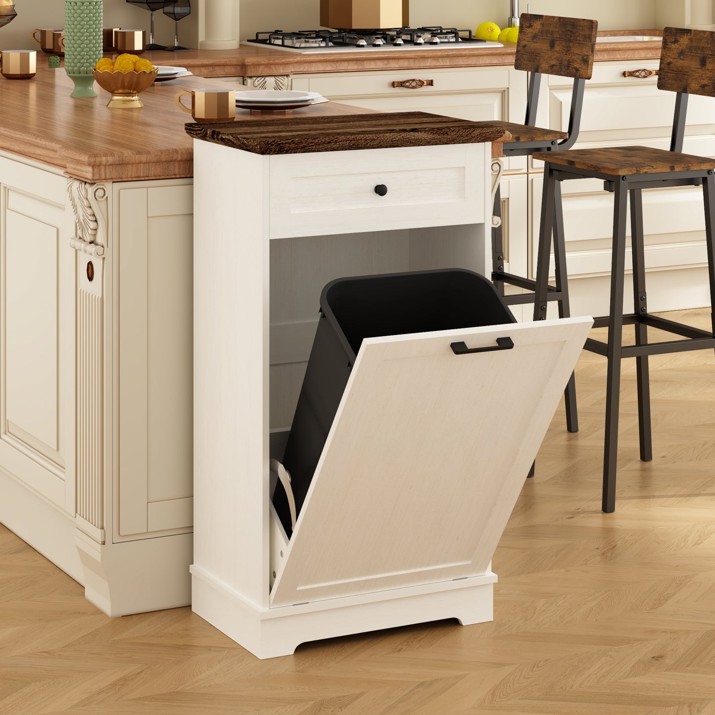 Tilt-Out Trash Cabinet - Freestanding Wood Recycling Bin with Drawer, Antique Brown & White