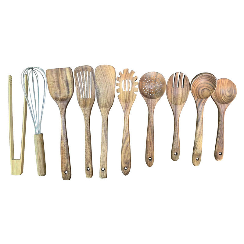 Wooden Kitchen Spatula Set - Long Handle Teak Turners, 10 Pieces