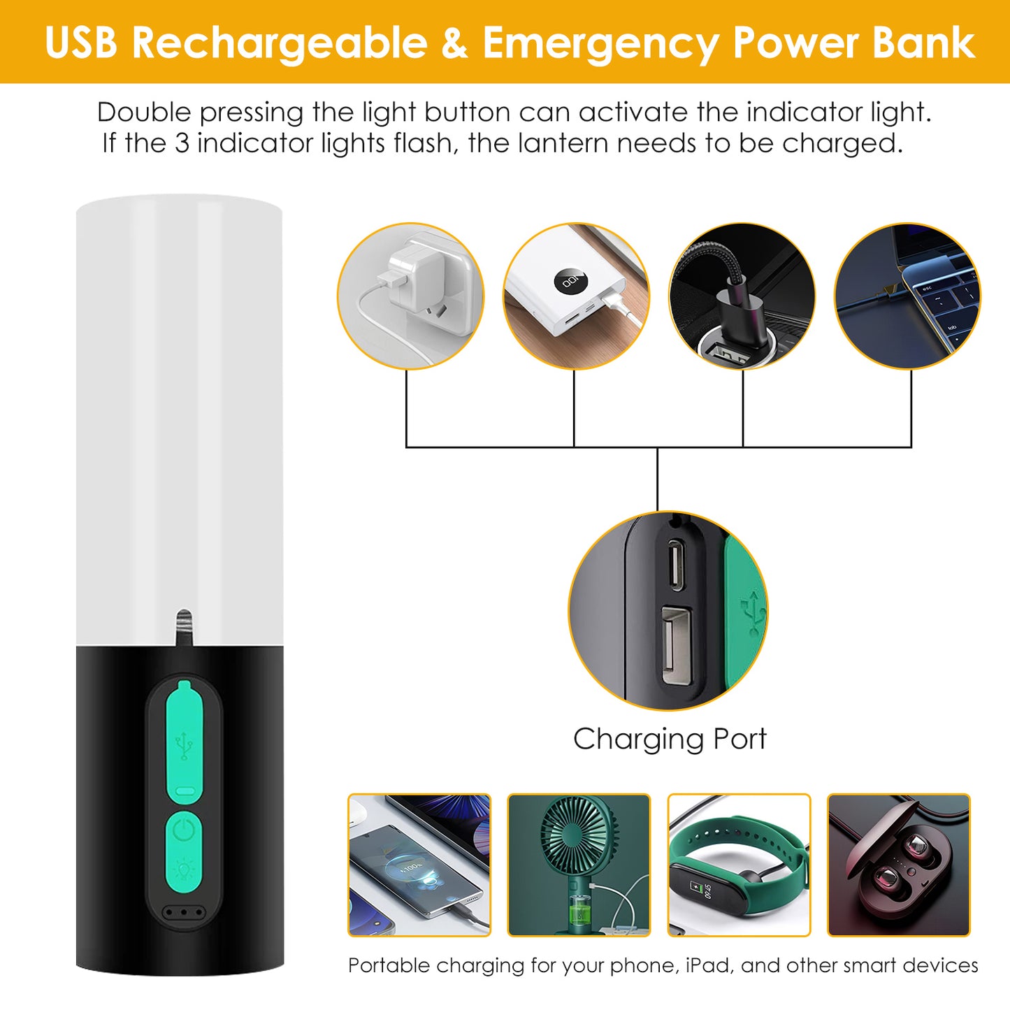 4-in-1 Rechargeable Camping Lantern with 33ft String Light - Black