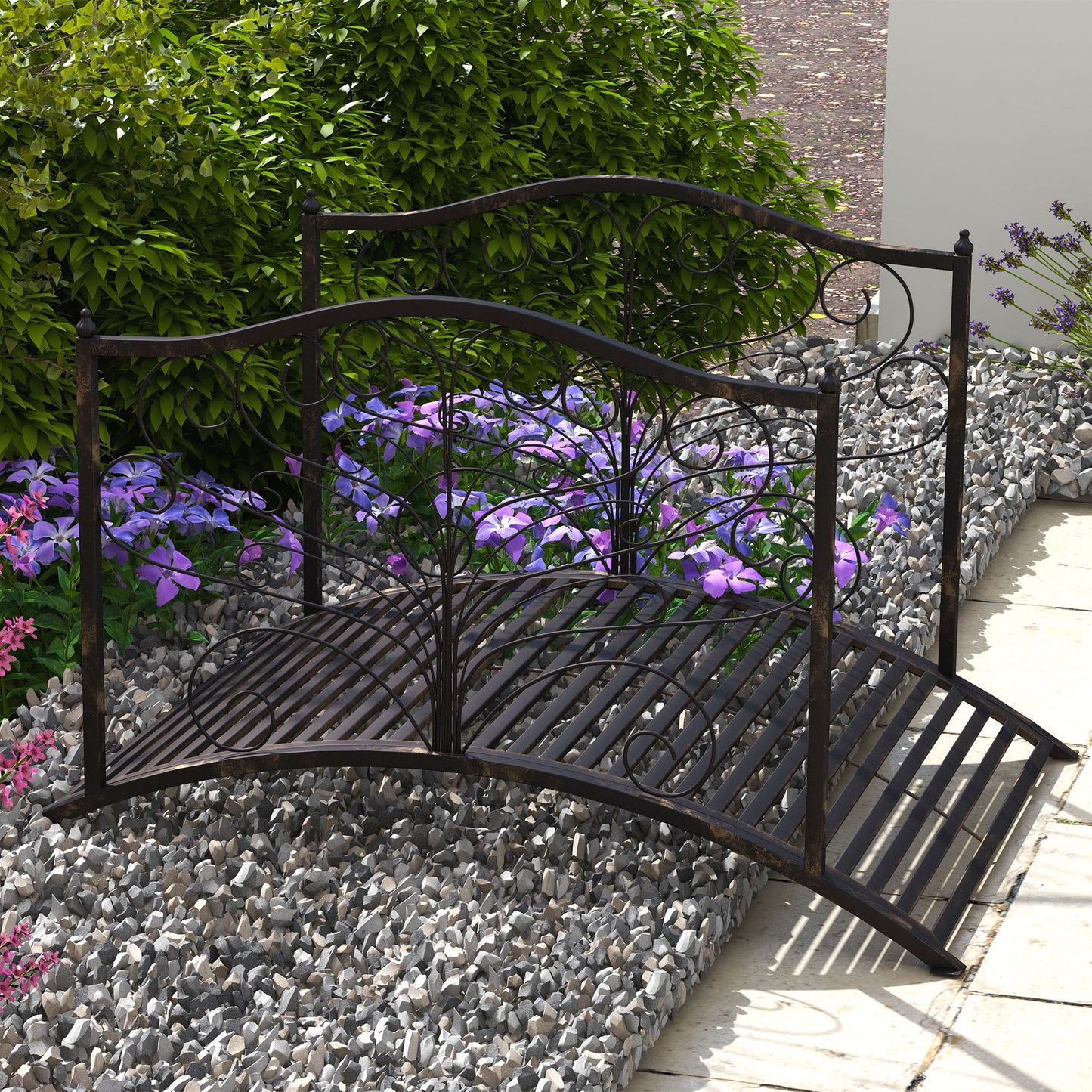 4-Foot Metal Garden Bridge with Scrollwork & Safety Siderails, Easy Assembly, Black or Bronze