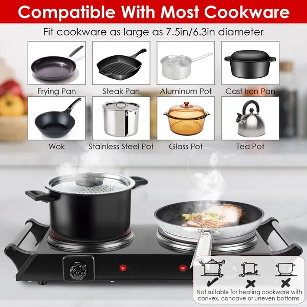 1800W Electric Double Burner Hot Plate with 5 Temperature Settings