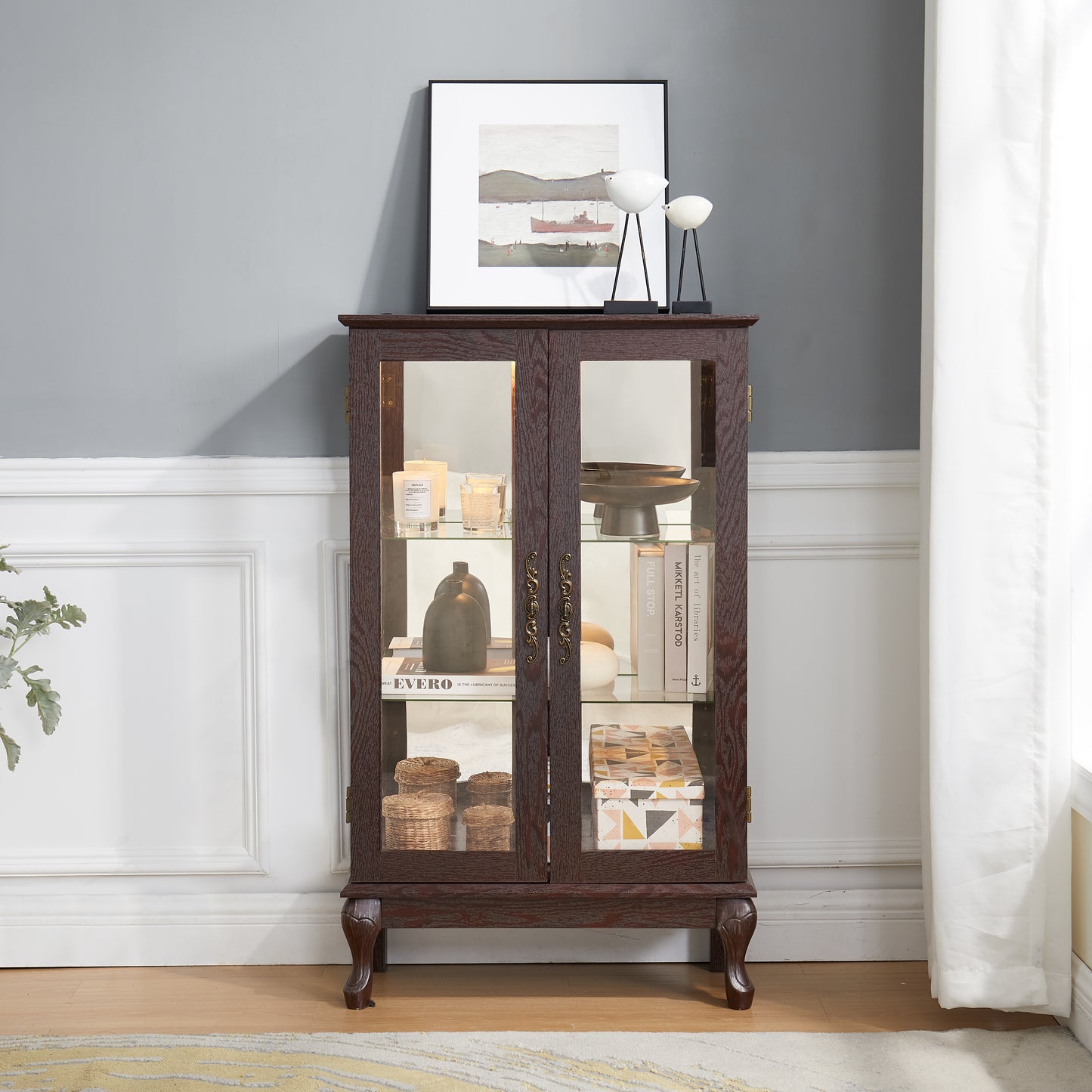 Lighted Curio Cabinet with Glass Doors & Adjustable Shelves - Cherry