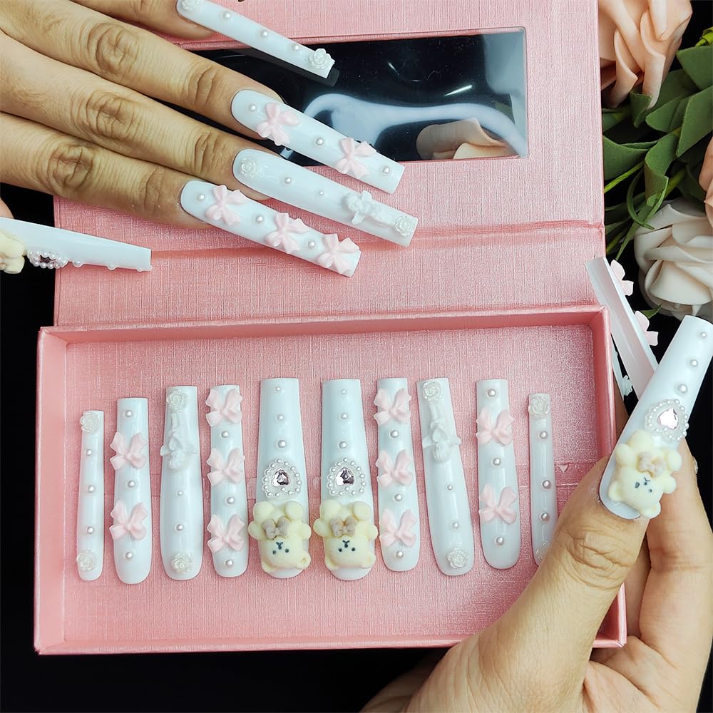 Long White Press-On Nails with 3D Bear, Rose, and Bow Design - Size M