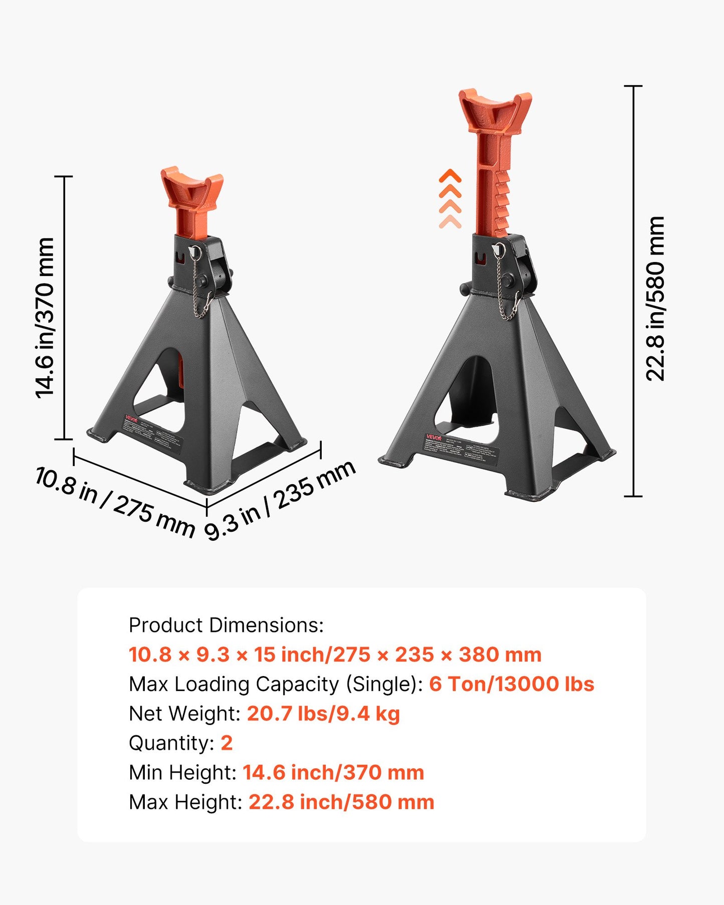 Heavy Duty 6 Ton (13,000 Lbs) Car Jack Stands with Adjustable Height - Support RVs, Trucks, SUVs, and Cars - Black