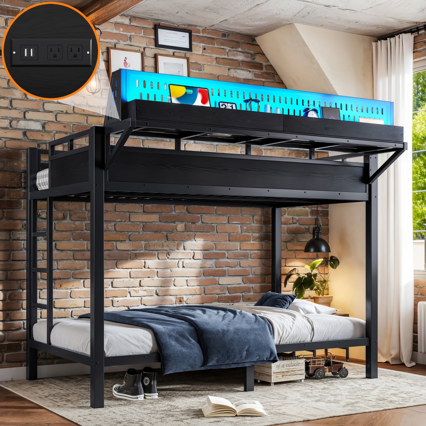 Twin XL Metal Bunk Bed with Storage Shelves & USB Ports - Black