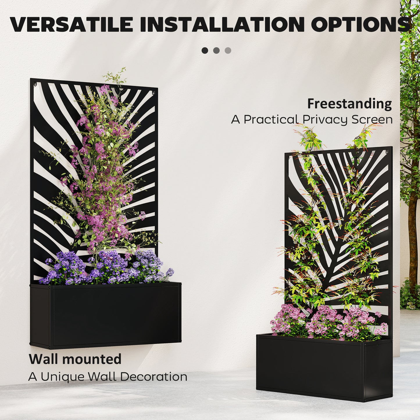 Metal Garden Bed with Trellis for Climbing Plants - Freestanding or Wall Mountable, 990x700x75 mm, Black