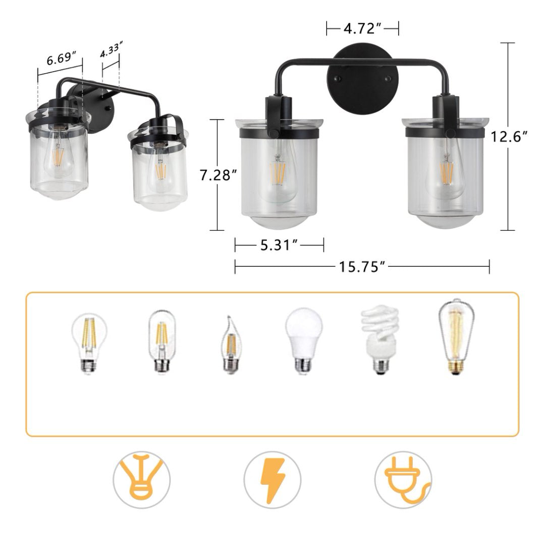 Modern Black Wall Sconce Light with Clear Glass Shade - Indoor Indoor Fixture for Bathroom Bedroom Living Room Kitchen Sink - E26 Socket