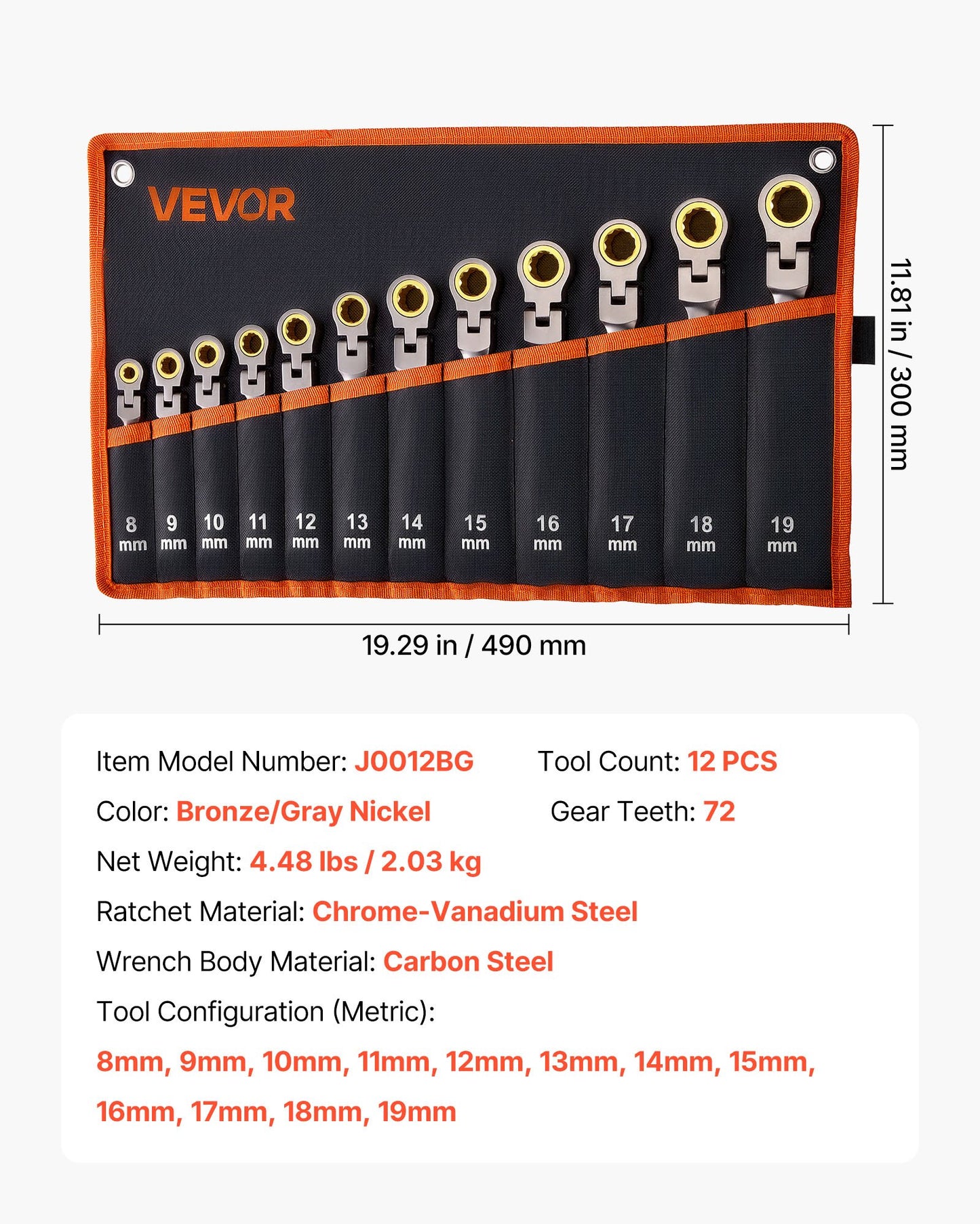 12-Piece Metric Flex-Head Ratcheting Wrench Set - Cr-V Steel, 8-19mm, Flexible Combination Wrenches with Pouch