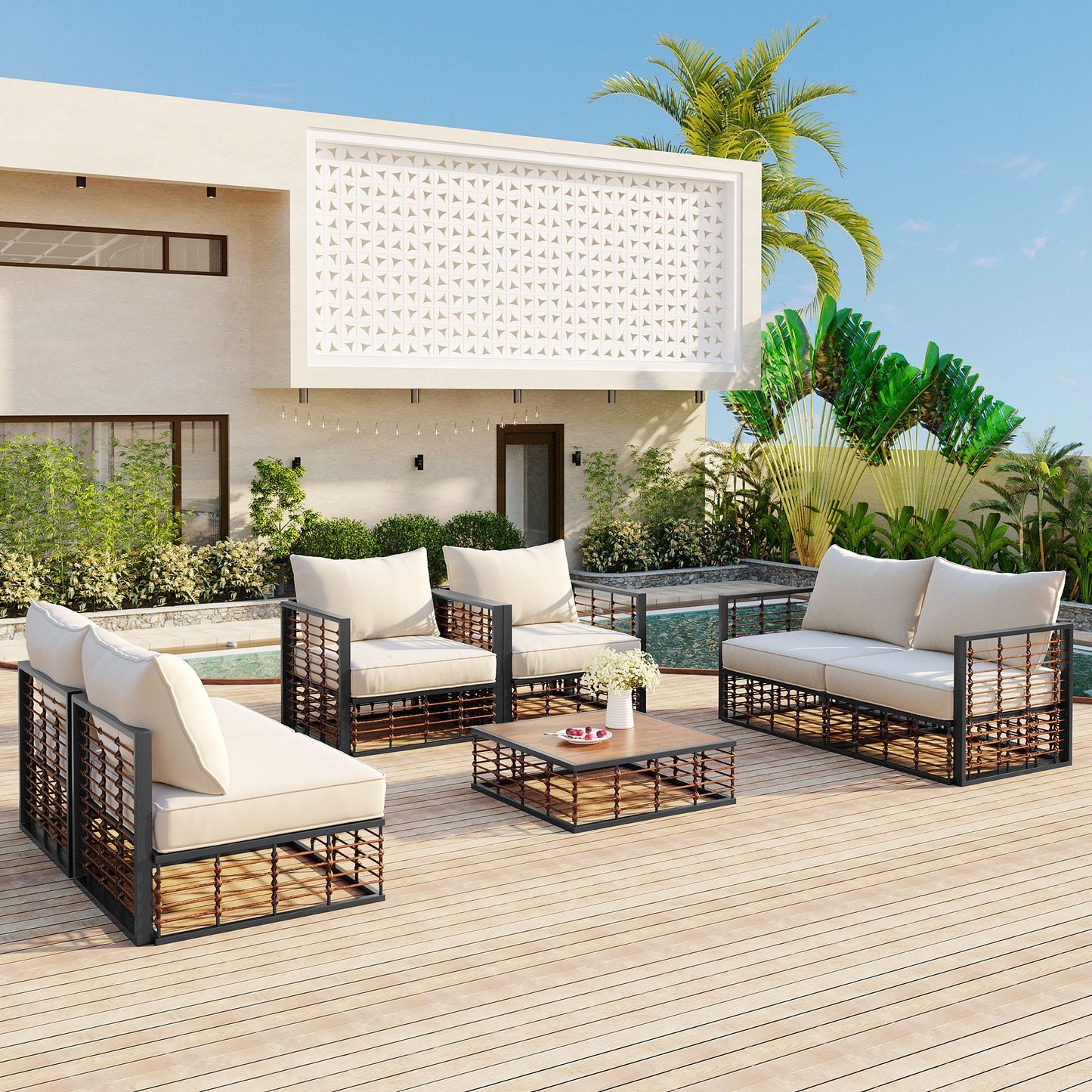 Modern Minimalist 7-Piece Metal Patio Sectional Sofa Set - Dark Grey