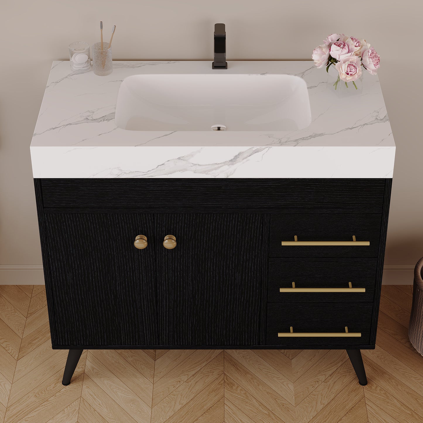 36" Freestanding Bathroom Vanity with Ceramic Sink & Faux Marble Top - Black/White