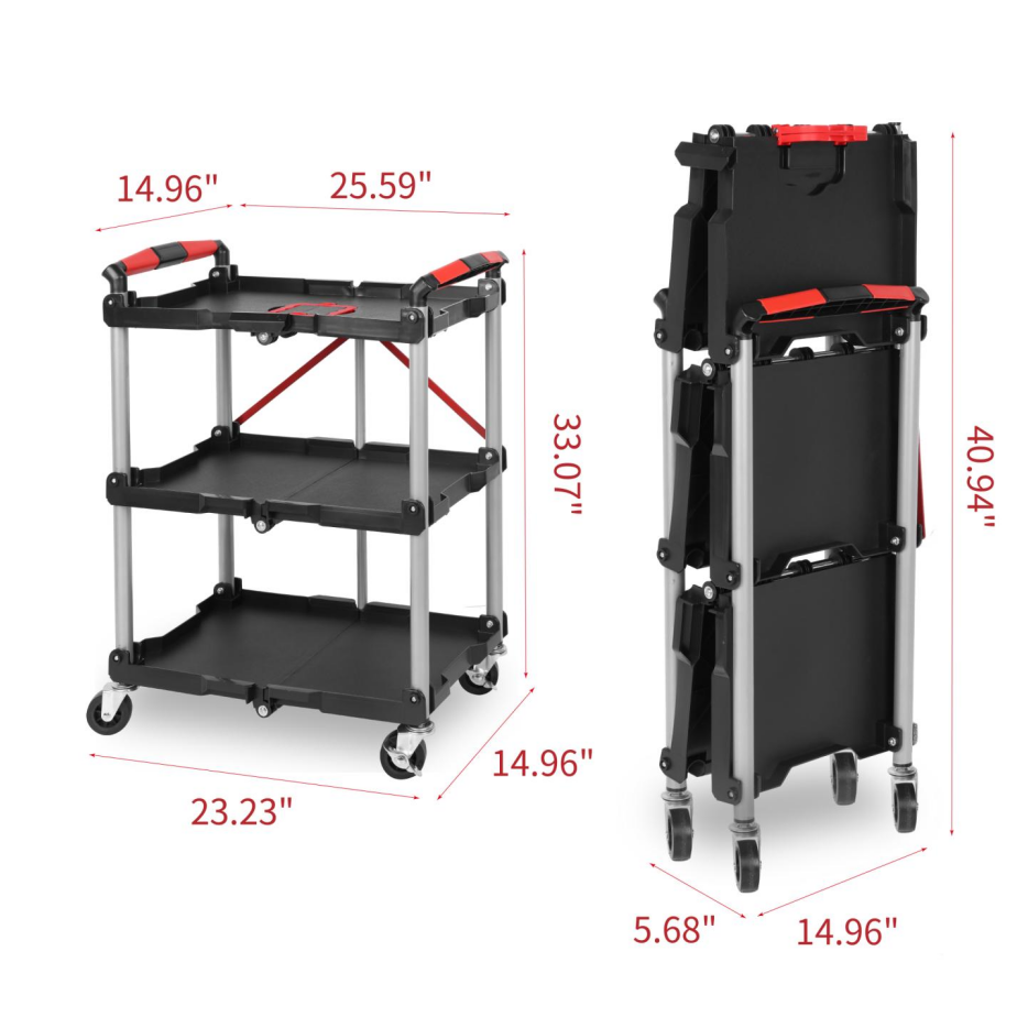 Heavy Duty Foldable Utility Service Cart with 3 Shelves, Swivel Wheels & Handle