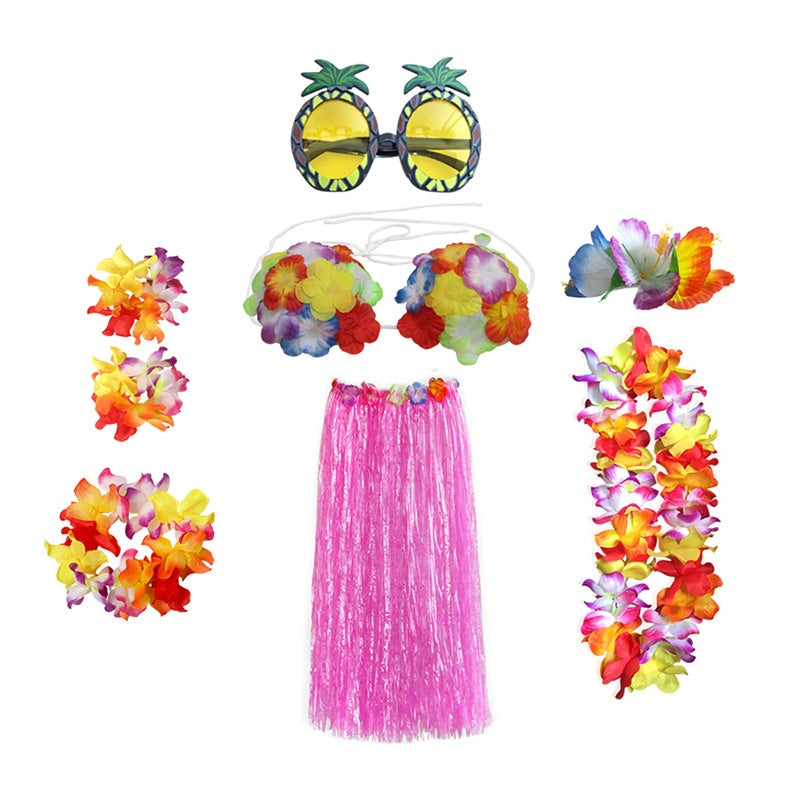 Adult Grass Skirt Set 8-Piece Party Costume for Festive Occasions