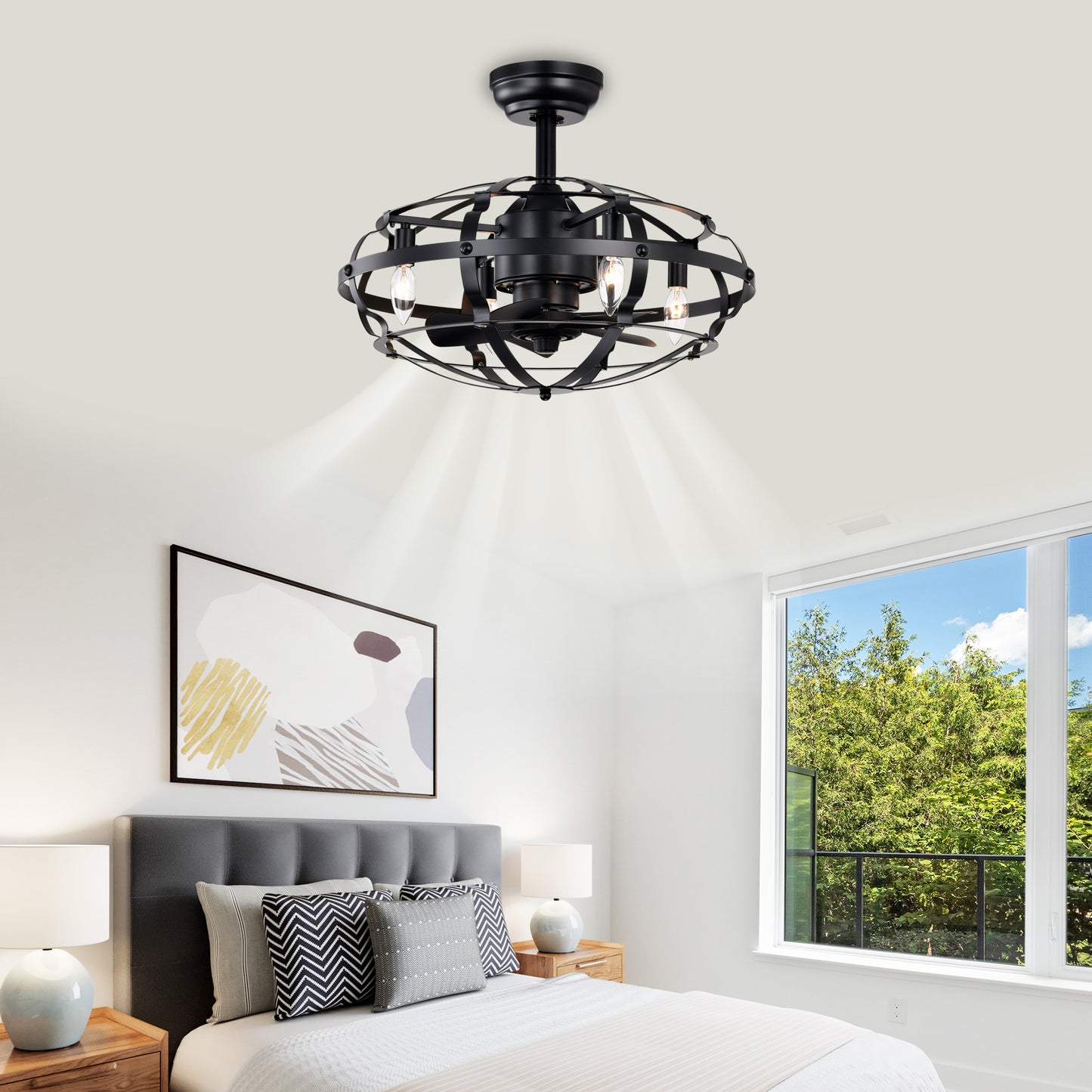20.63 Inch Matte Black Caged Ceiling Fan with Lights - Farmhouse