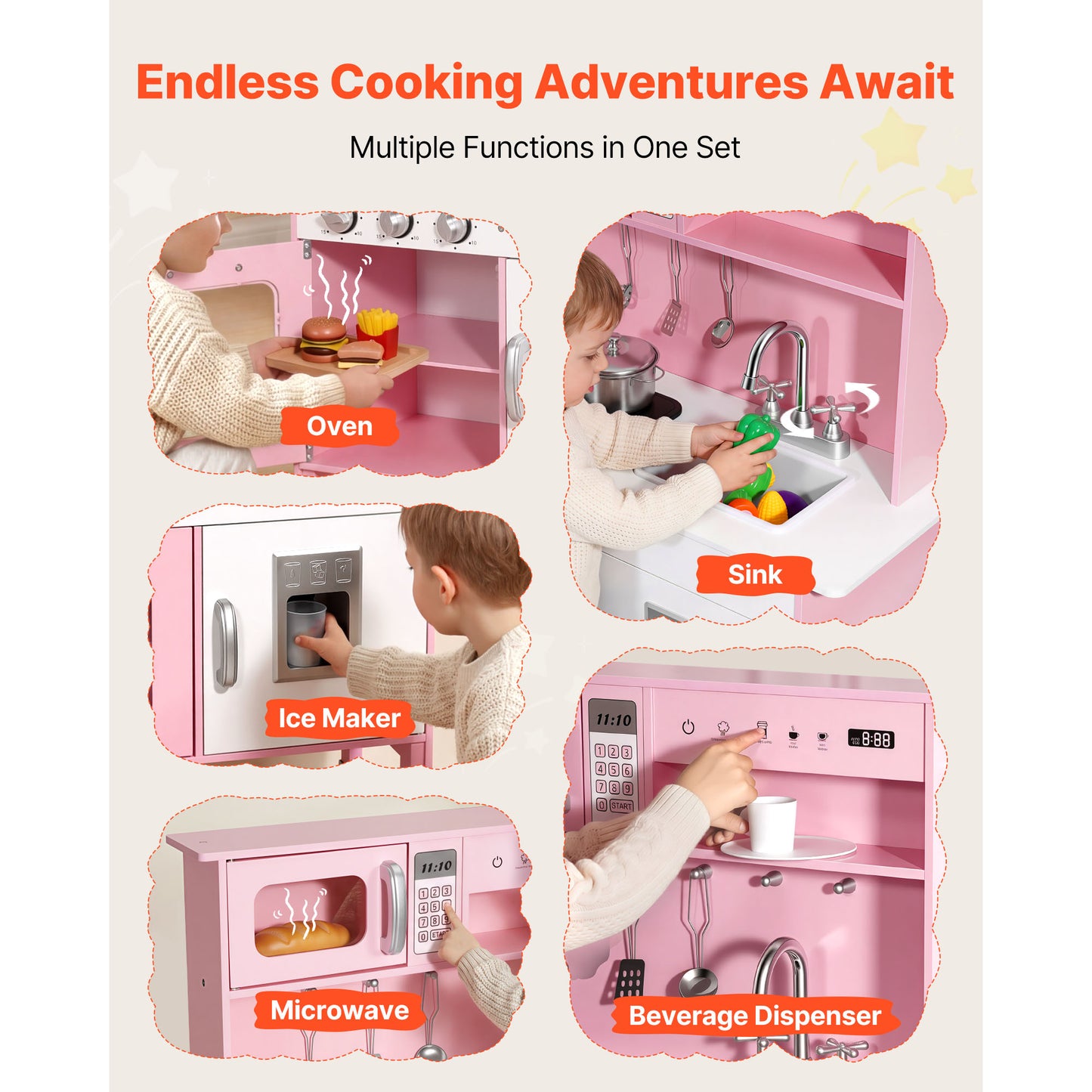 Wooden Play Kitchen Set with Lights & Sounds for Kids Ages 3-8