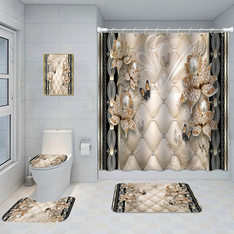 Bathroom 5-Piece Shower Curtain Set with Mat and Decorative Aluminum Frame