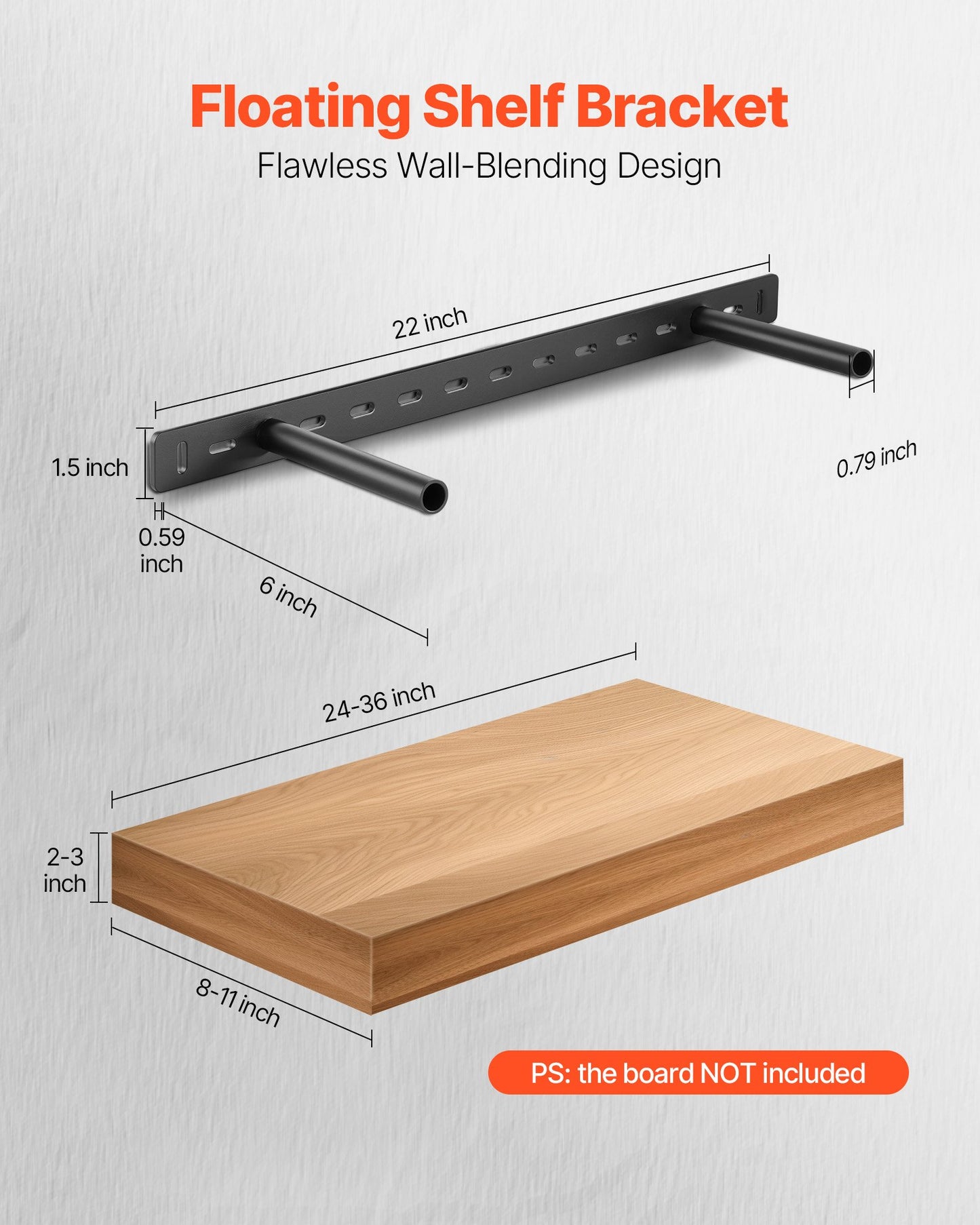Heavy Duty Floating Shelf Brackets 22 Inch - Black Concealed Wall Support