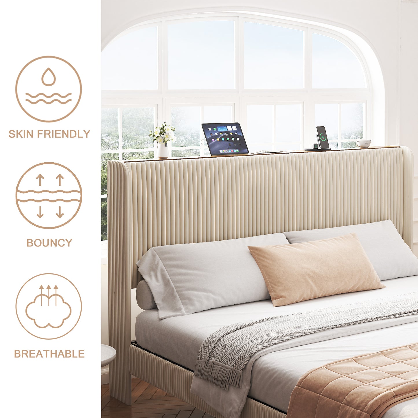 Full Metal Platform Bed Frame with Charging Station - Beige