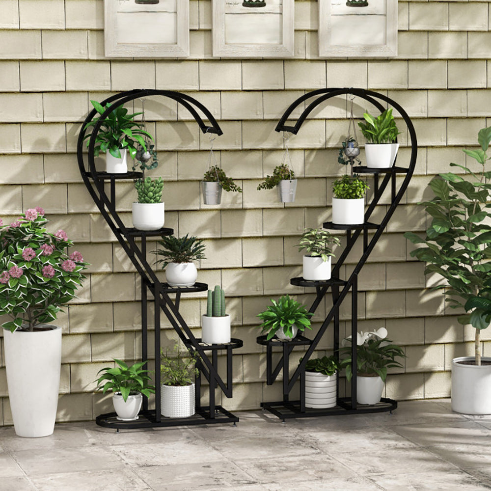 5-Tier Metal Plant Stand with Hanging Hooks - Indoor Outdoor Garden Display